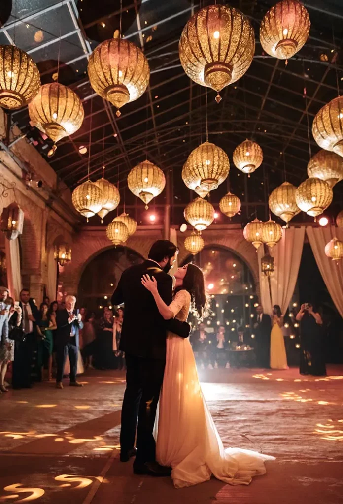 wedding hall decorated with lanterns