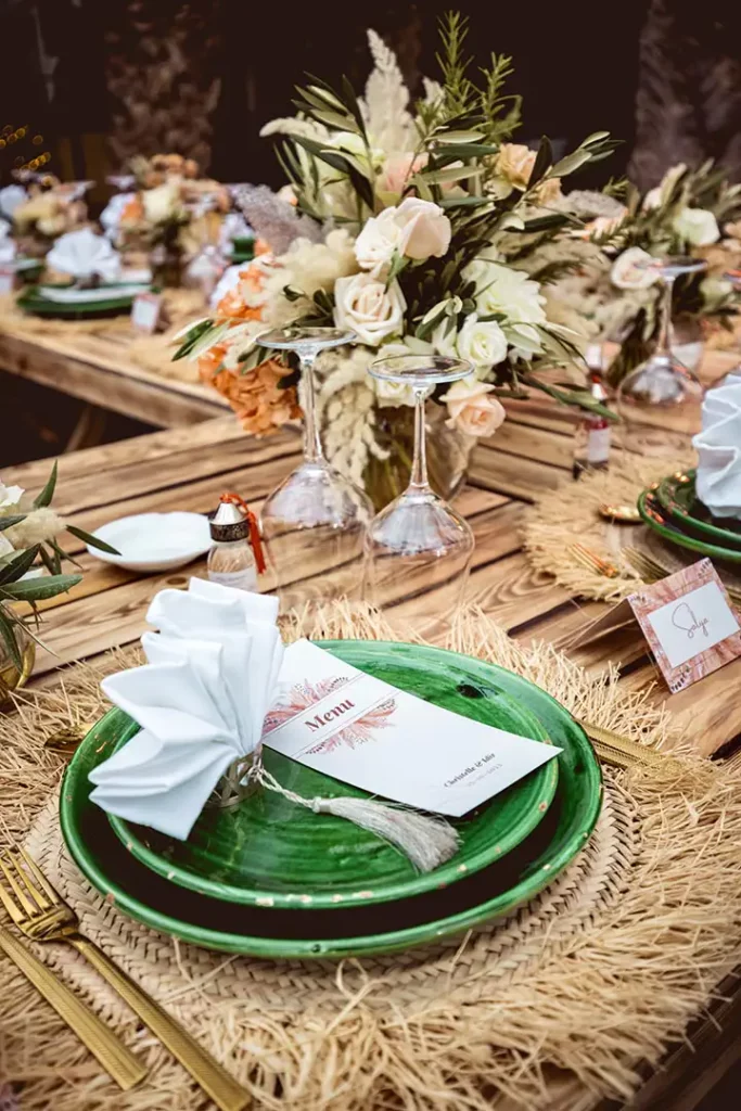 wedding table wooden green plates flowers marrakec